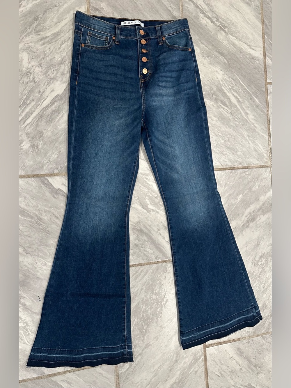 Celebrity Pink Women’s High Rise Exposed Button Flare Dark Wash Stretch Jeans